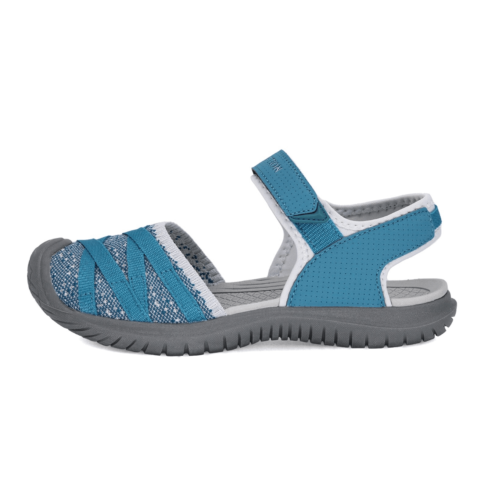 Blue casual closed toe flat heel sandal with stretch fabric and hook & loop closure, perfect for walking and trekking.